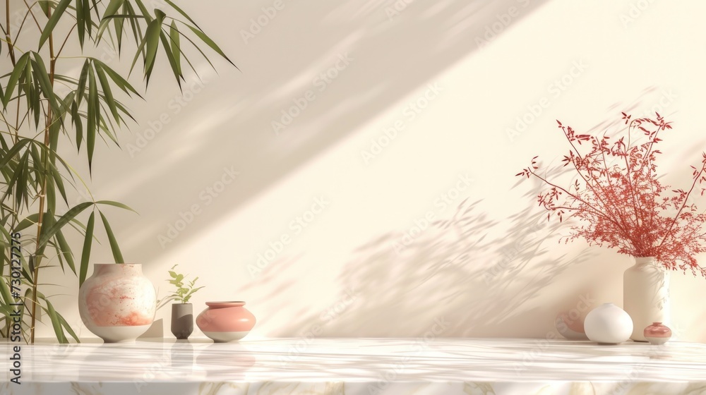 Image of white marble table with plants in shades of pink. Generate AI image Image of white marble table with plants in shades of pink. Generate AI image