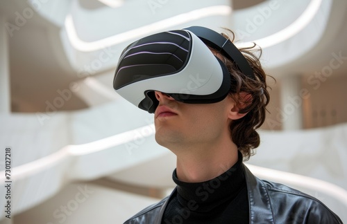 Person in futuristic VR headset against a curved white backdrop