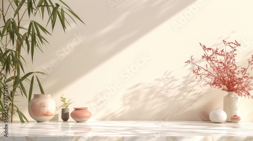 Image of white marble table with plants in shades of pink. Generate AI image