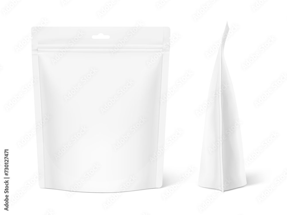 Realistic stand up pouch bag with hang slot mockup with shadow. Front and side view. Vector illustration isolated on white background. Easy to make a realistic mockup of your product. EPS10. Realistic stand up pouch bag with hang slot mockup with shadow. Front and side view. Vector illustration isolated on white background. Easy to make a realistic mockup of your product. EPS10.
