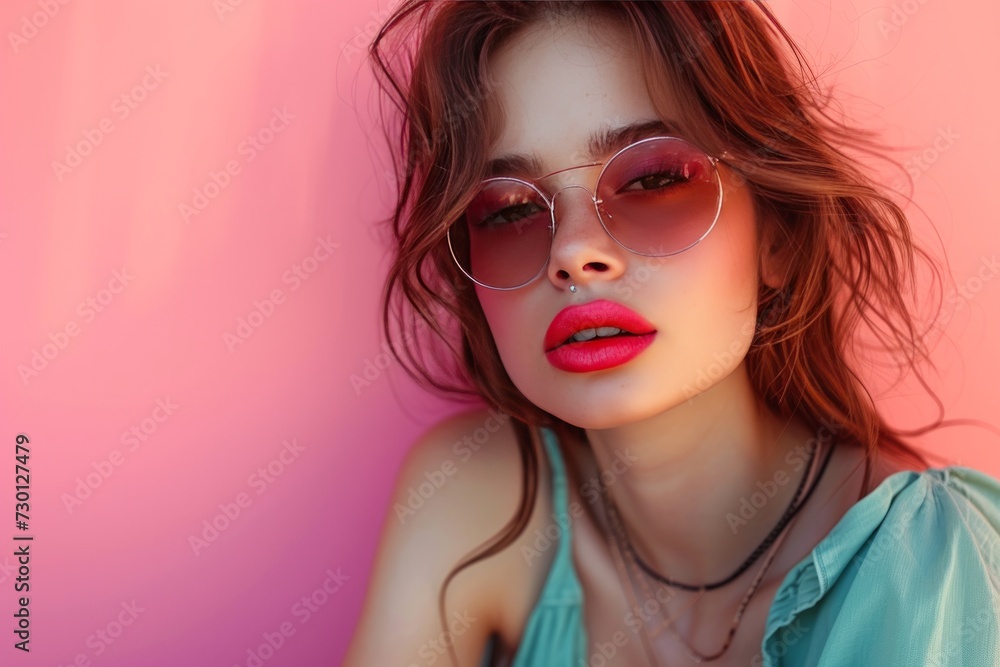 a girl sitting in sunglasses with lipstick a girl sitting in sunglasses with lipstick