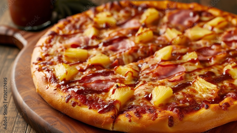 A Hawaiian pizza with pineapple, ham, and a drizzle of sweet barbecue sauce A Hawaiian pizza with pineapple, ham, and a drizzle of sweet barbecue sauce