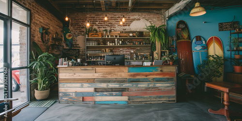 Reception desk of a boho style hostel at the sea near the bech, desk made from different wood plank brick wall tropical room plants surf board edison bulb interior photo