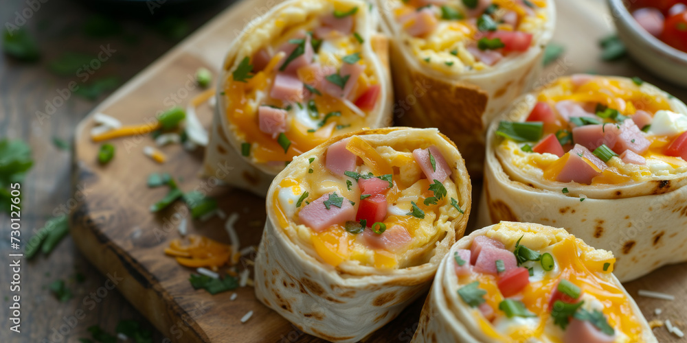 Breakfast tortilla rolls with scrambled egg ham and melted cheese freezer meal prep