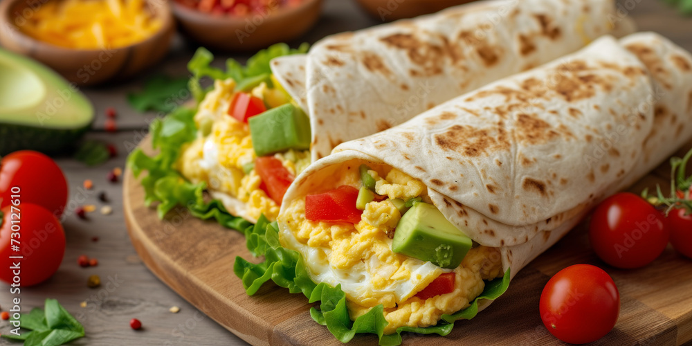 Breakfast tortilla rolls with scrambled egg avocado tomato lettuce, fresh vegetables, Breakfast tortilla rolls with scrambled egg avocado tomato lettuce, fresh vegetables,