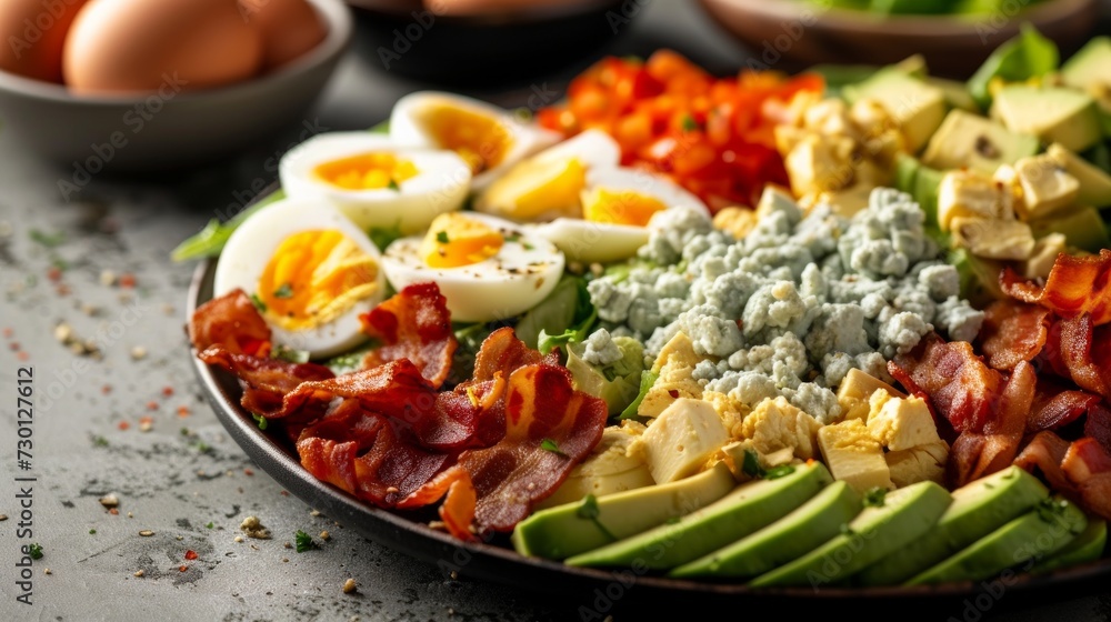 A hearty Cobb salad featuring rows of bacon, eggs, avocado, chicken, and blue cheese crumbles A hearty Cobb salad featuring rows of bacon, eggs, avocado, chicken, and blue cheese crumbles