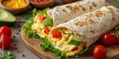 Breakfast tortilla rolls with scrambled egg avocado tomato lettuce, fresh vegetables, 
