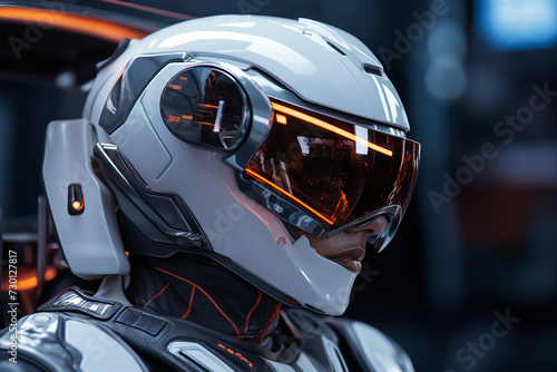 Surreal modern cyborg with a cyberpunk helmet on a futuristic background made with generative AI © Tetiana