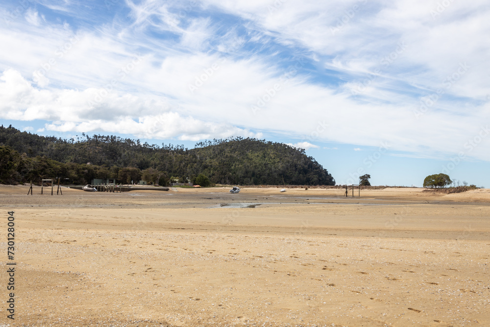 panoramic of abel tasman beach in new zealand