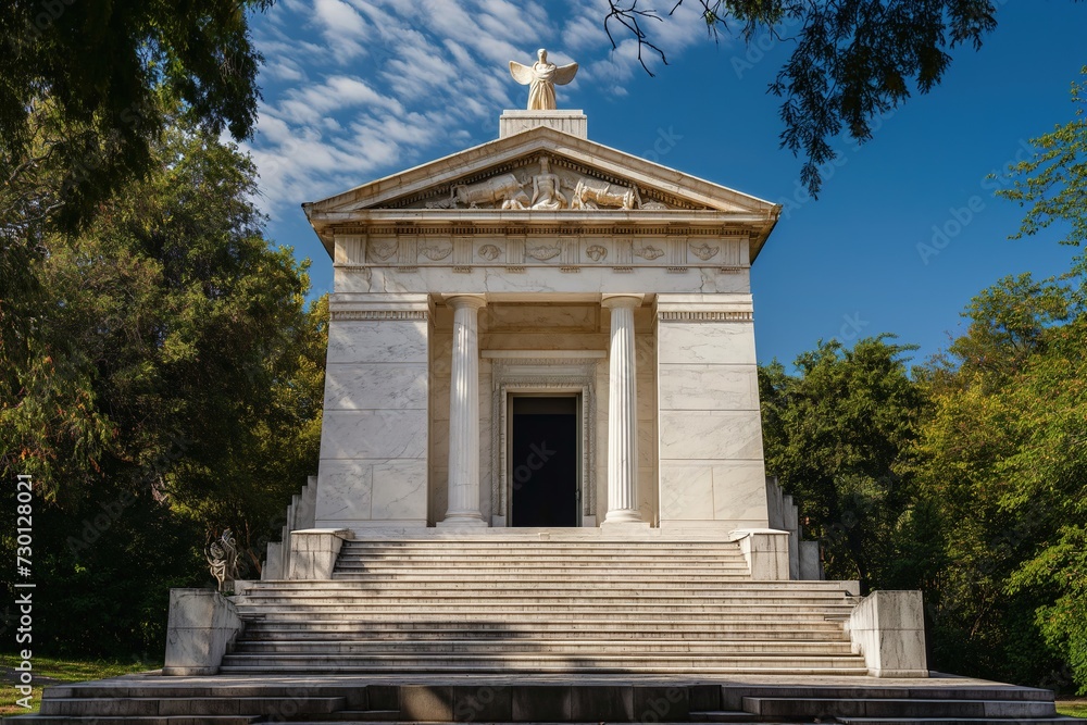 A captivating white monument featuring an awe-inspiring statue, evoking an air of mystery and grandeur.