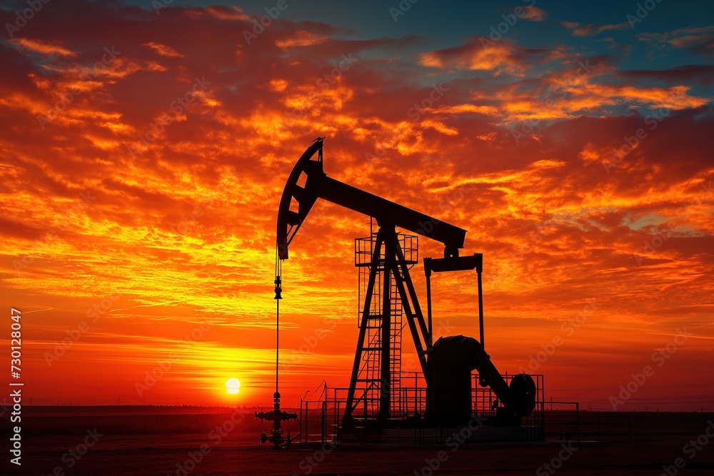 An awe-inspiring photo capturing the striking outline of an oil pump against the vibrant hues of a setting sun.
