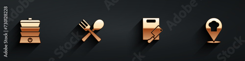 Set Slow cooker, Crossed fork and spoon, Cutting board meat chopper and Chef hat with location icon with long shadow. Vector