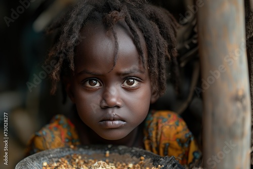 A severely undernourished young girl with beautiful dreadlocks joyfully holds a bowl of delectable food. photo