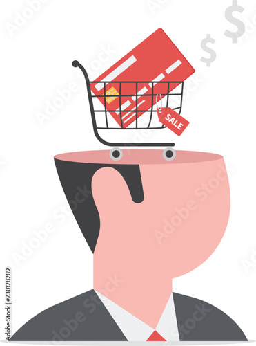 Consumerism, wanting mind or desire to buy and purchasing more, buying therapy or shopping addiction concept, human head with shopping cart with credit card and sale price tag in his brain.

