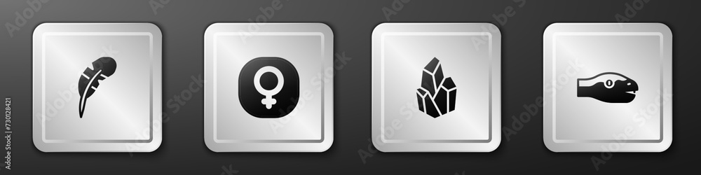 Set Feather pen, Venus, Magic stone and Snake icon. Silver square button. Vector Set Feather pen, Venus, Magic stone and Snake icon. Silver square button. Vector