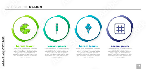Set Homemade pie, Candy, Ice cream in waffle cone and Waffle. Business infographic template. Vector