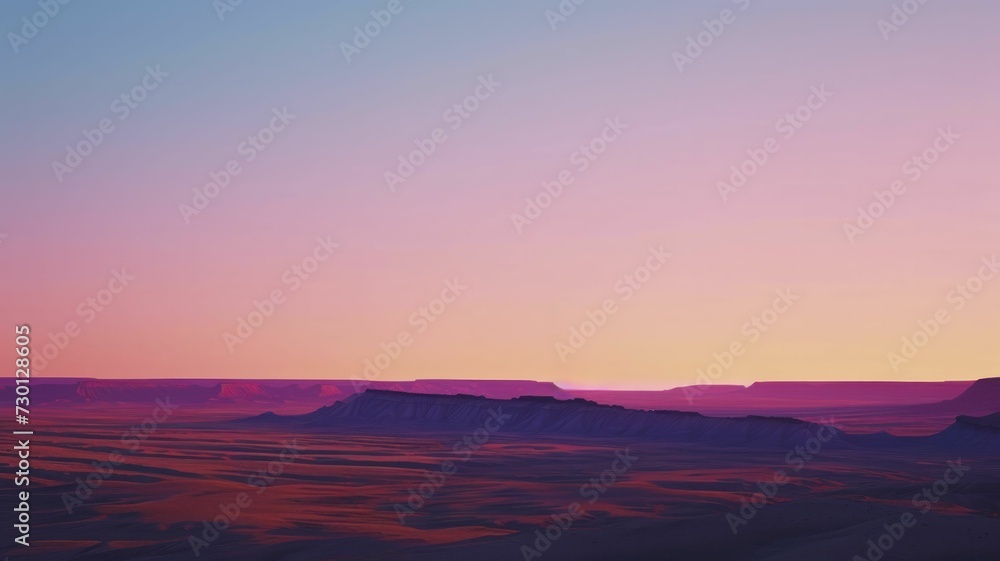 Abstract, minimalistic shapes representing the Painted Desert's geological formations, set against a gradient sky from dawn to dusk
