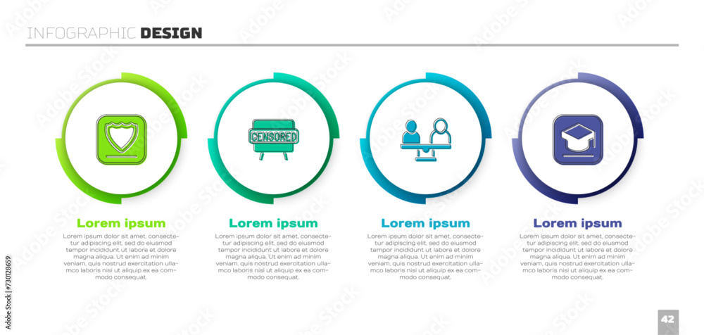Fototapeta premium Set Shield, Censored stamp, Gender equality and Graduation cap. Business infographic template. Vector