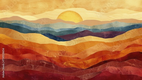 Contemporary abstract portrayal of the Painted Desert, emphasizing its stratified hues on a bare background for a sleek design. photo