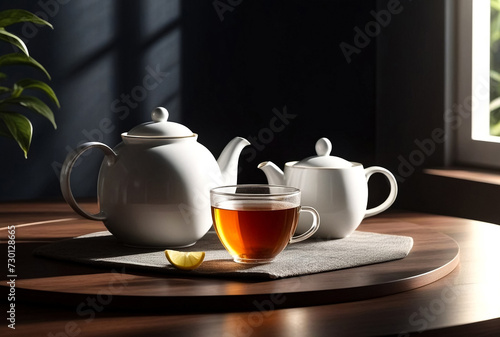 Teapot with tea mug are on table at interior for tea with guests indoors. Concept of home comfort and relaxation. Ad background for tea ceremony in interior in cozy house. Copy advertising text space