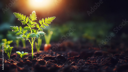 Young Plant Carrot, Growing plant, dewdrop. Horizontal. Background with copy space. Banner