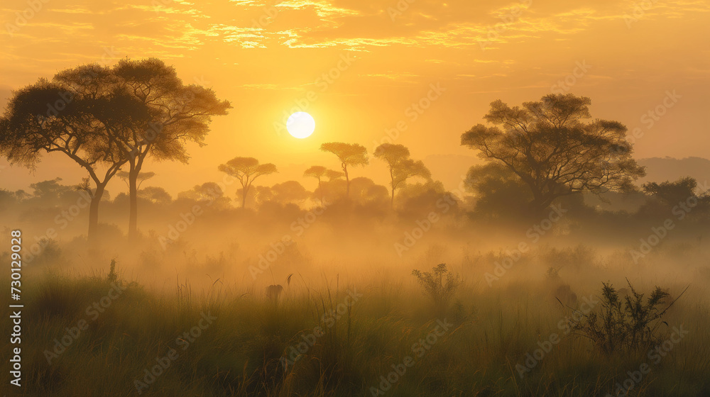 Naklejka premium Sunlit African Forest: Vibrant Illustration of African Forest, A Showcase of Nature's Diversity