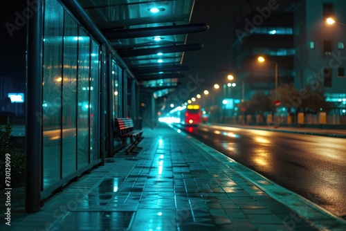 Urban Night Scene: Public Transport Stop with City Lights and Copy Space for Text