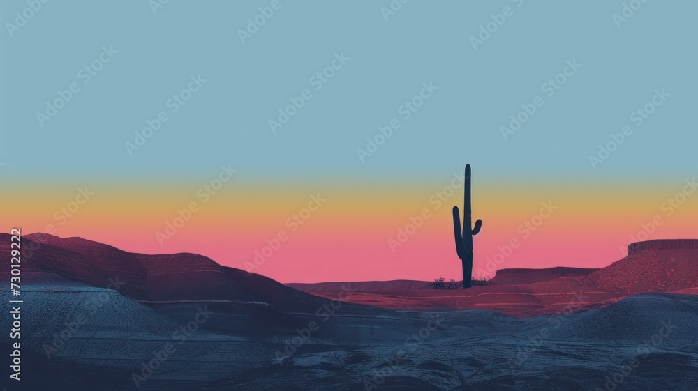 Streamlined illustration of a solitary cactus silhouette set before the multicolored strata of the Painted Desert at dusk.