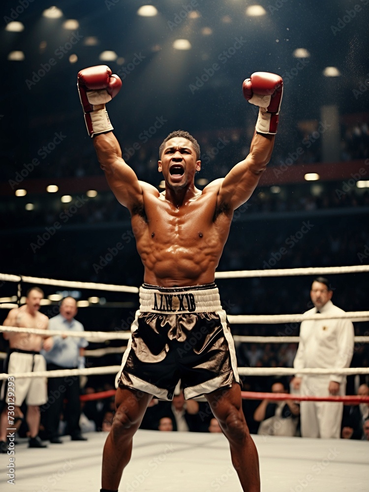 Vctory moment in the boxing ring. The victorious African American boxer man with arms raised triumphantly	
