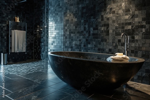 Big and Beautiful: Dark Tiled Bathroom with Grey Accents and Plant DÃ©cor