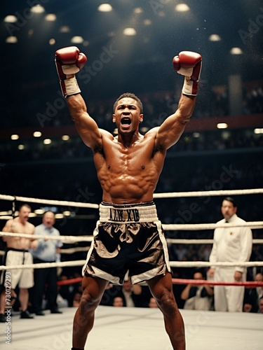 Vctory moment in the boxing ring. The victorious African American boxer man with arms raised triumphantly 