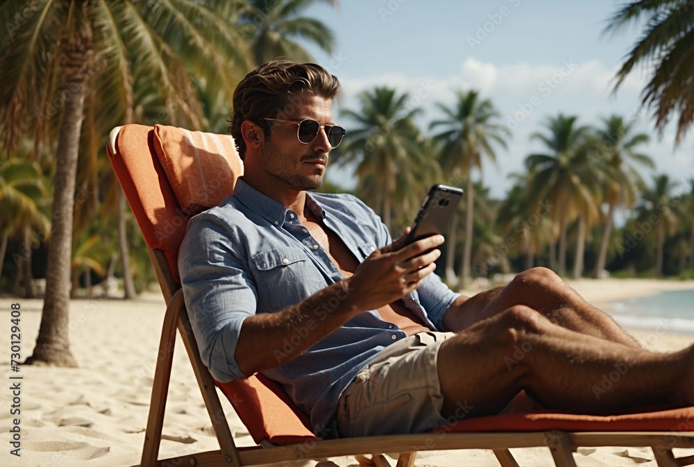 Handsome man relaxing on the beach. Man sitting on the beach and using phone