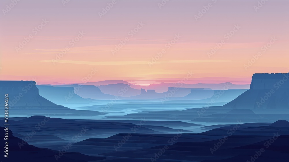 minimalist Painted Desert landscape at sunrise, with soft pastel colors and simple silhouettes of distant mesas
