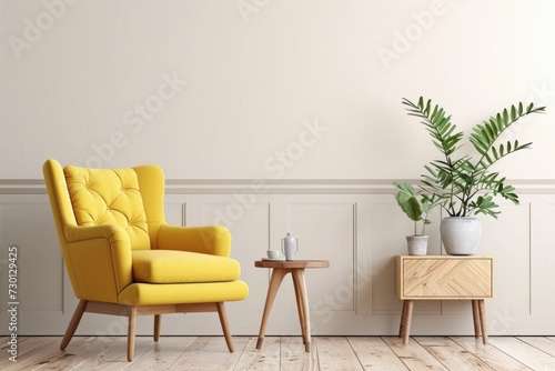 Modern Living Room Interior Design with Yellow Armchair on Cream Wall Background