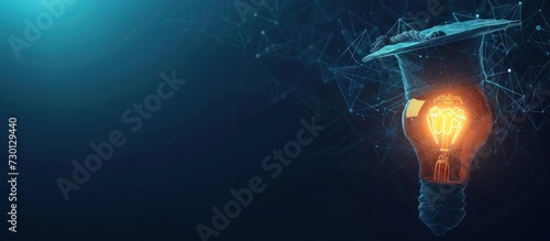 Futuristic smart education with bachelor cap and light bulb on blue background. AI generated image photo