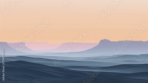 Simplified sunrise scene over the Painted Desert  rendered in soft pastels and straightforward silhouettes of mesas.