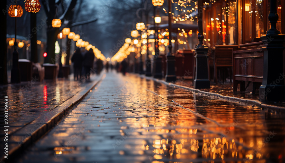 Illuminated city streets reflect the wet winter night celebration generated by AI