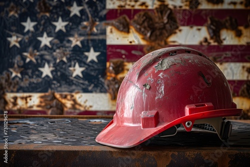 a red hardhat for construction wotk with american flag
 photo