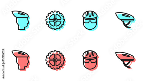 Set line Bicycle helmet, , sprocket crank and icon. Vector