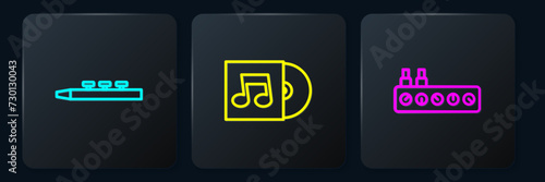 Set line Drum and drum sticks, Sound mixer controller and Vinyl disk. Black square button. Vector