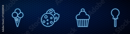 Set line Cake, Ice cream in waffle cone, Cookie or biscuit and Lollipop. Glowing neon icon on brick wall. Vector