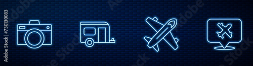 Set line Plane, Photo camera, Rv Camping trailer and Speech bubble with airplane. Glowing neon icon on brick wall. Vector