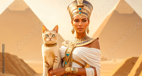 Beautiful Egyptian queen against the background of the pyramid.