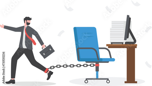 Office job work hard like a slave, overworked with busy and urgent assignment, exhausted or stressful responsibility concept, depressed businessman prisoner found himself chained with working desk.

