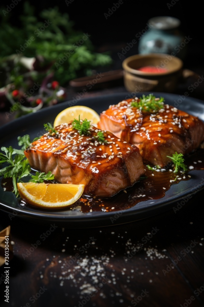 Grilled Teriyaki Salmon with Sesame Seeds. Best For Banner, Flyer, and Poster Grilled Teriyaki Salmon with Sesame Seeds. Best For Banner, Flyer, and Poster