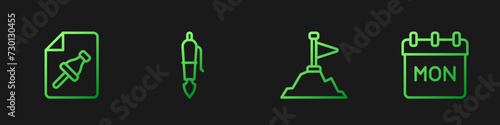 Set line Mountains with flag on top, Note paper push button, Fountain pen nib and Calendar. Gradient color icons. Vector