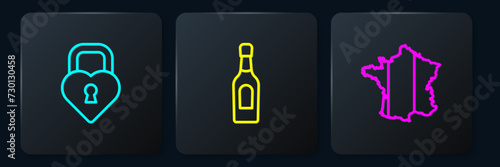 Set line Castle in the shape of heart, Map France and Champagne bottle. Black square button. Vector