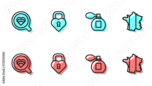 Set line Perfume, Coffee cup, Castle in the shape heart and Map France icon. Vector