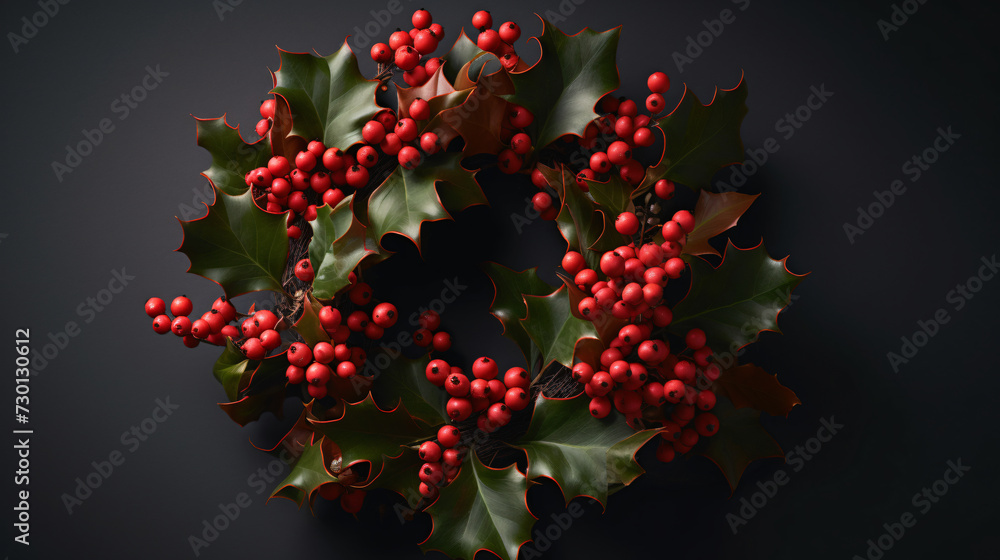 Holly wreath placed in an elegant setting.