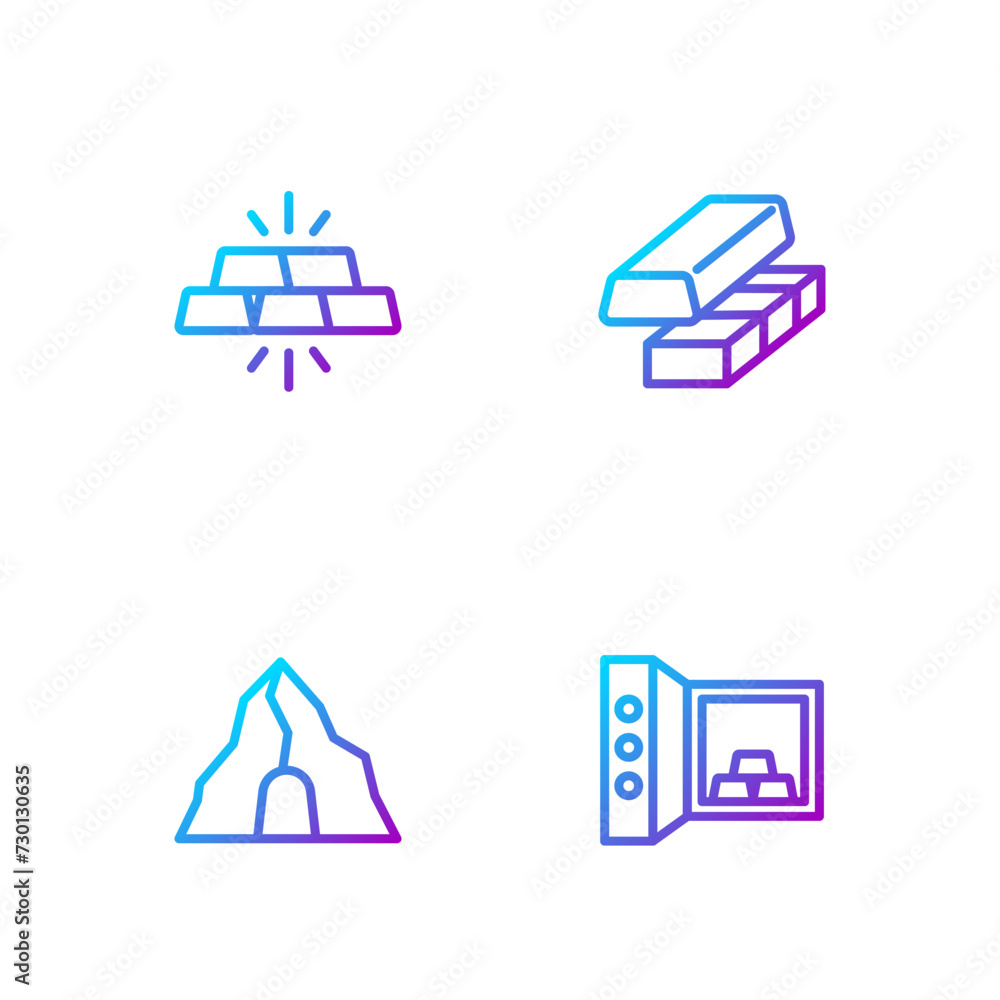 Set line Safe with gold bars, Gold mine, and exchange money. Gradient color icons. Vector